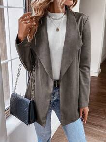 EMERY ROSE Waterfall Collar Belted Suedette Coat - Grey - View 3