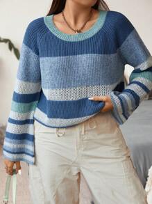 Flirla Plus Colorblock Raglan Sleeve Sweater - Blue - View 4