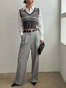 DAZY Chaleco de punto con estampado de rayas sin blusa, top corto de mujer para otoño