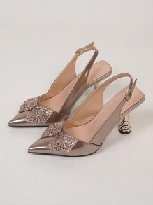 Women's Pointed Toe High Heel Pumps, Fashionable Stiletto Heel Bow & Rhinestone Decoration - Rượu sâm banh - Xem 7