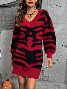 SHEIN LUNE Halloween Skeleton Pattern Drop Shoulder Split Hem Sweater Dress - Multicolor - View 4