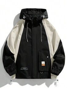 Men Colorblock Letter Graphic Drawstring Hooded Jacket - Black - View 1
