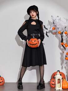 Teen Girl Cut Out Cold Shoulder Dress Without Belt - Black - View 5