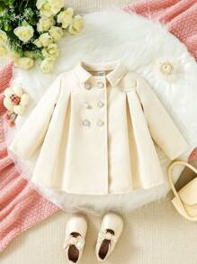 SHEIN Baby Girl Double Breasted Fold Pleated Detail Overcoat - White - View 1