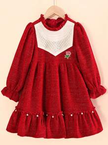 Tween Girl Floral Embroidery Flare Sleeve Ruffle Hem Dress
