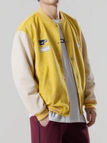 Manfinity EZcore Loose Fit Men's Lettered & Striped Trim Drop Shoulder Bomber Jacket - Mustard Yellow - View 5
