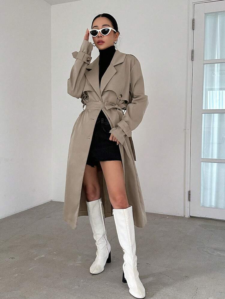 Solid Color Long Trench Coat, Business Casual,Fall Clothes,Back To School Clothes Women Jacket