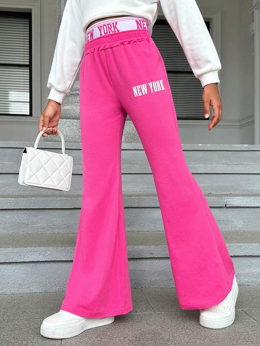 SHEIN 女大童字母圖案喇叭褲 - 玫紅色 - 查看 1