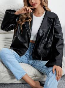 SHEIN Essnce Zip Up PU Leather Moto Jacket - Black - View 3