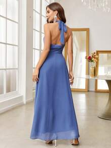 SHEIN Belle Solid High Low Hem Halter Dress, Semi Formal Dress - Blue - View 2