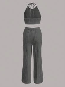 SHEIN EZwear 素色繞頸短上衣&闊腿褲 - 灰色 - 查看 2