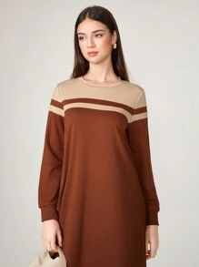 Graceveil Striped Print Tee Modest Long Sleeve Dress - Rust Brown - View 6