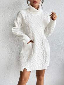 SHEIN LUNE 高領雙口袋麻花編織落肩袖毛衣洋裝