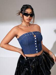 SHEIN ICON 大碼條紋圖案金屬氣眼牛仔上衣 - 藍色 - 查看 1