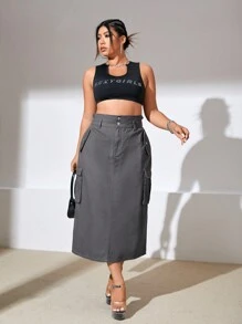 SHEIN ICON 大碼側翻蓋口袋牛仔半身裙 - 灰色 - 查看 3