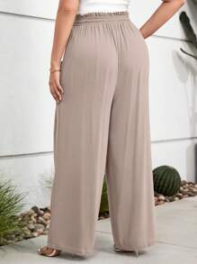 SHEIN LUNE Plus Paperbag Waist Knot Front Wide Leg Pants - Khaki - View 2