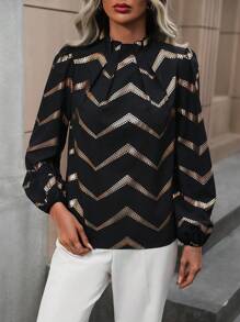 SHEIN Clasi 鋸齒形印花燈籠袖褶邊小高領襯衫 - 黑色 - 查看 6