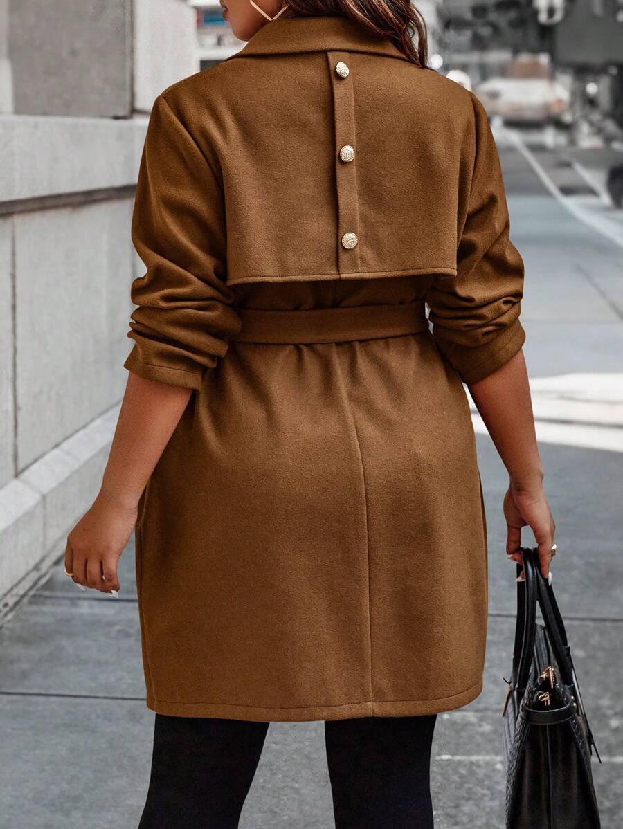 SHEIN Unity Plus Lapel Neck Belted Overcoat - Brown - View 1