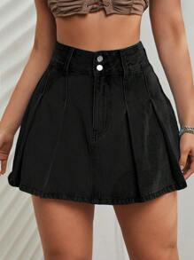 Pleated Denim Skirt - Black - View 3