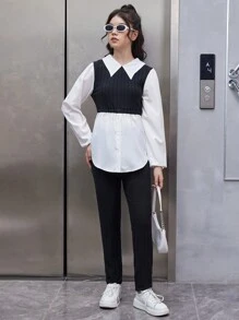 Teen Girls Two Tone 2 In 1 Blouse & Pants - Black and White - View 5