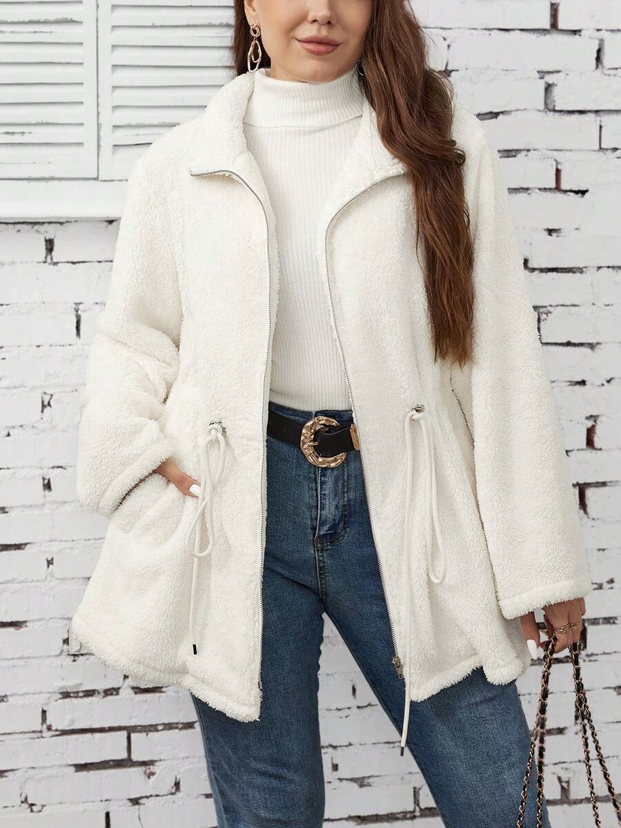 SHEIN LUNE Plus Drawstring Waist Zip Up Teddy Coat - White - View 1