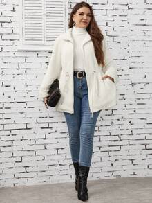 SHEIN LUNE Plus Drawstring Waist Zip Up Teddy Coat - White - View 5