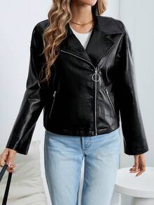 SHEIN Essnce Zip Up PU Leather Moto Jacket - Black - View 4