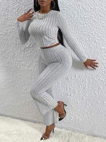 Slaydiva Tie Backless Crop Tee & Flare Leg Pants - Grey - View 2
