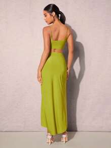 SHEIN X Jessie SHEIN BAE Solid Crop Cami Top & Twist Front Split Thigh Skirt - Lime Green - View 2