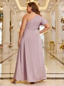SHEIN Belle Plus 1pc One Shoulder Split Thigh Satin Dress - Dusty Pink - View 2