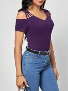 SHEIN Clasi Solid Cold Shoulder Tee - Purple - View 8