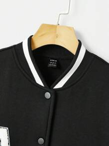 SHEIN EZwear Thư được vá Sọc trang trí Thả vai Áo khoác Đại học - màu đen - Xem 4