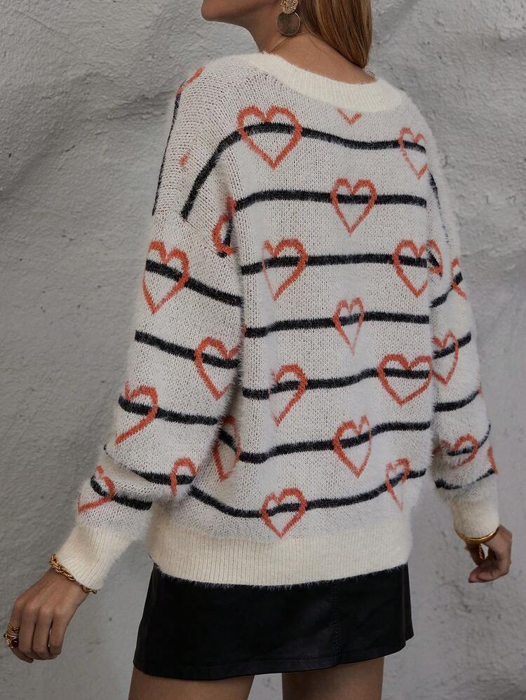 Heart & Striped Pattern Drop Shoulder Knit Pullover Fall Winter Sweater