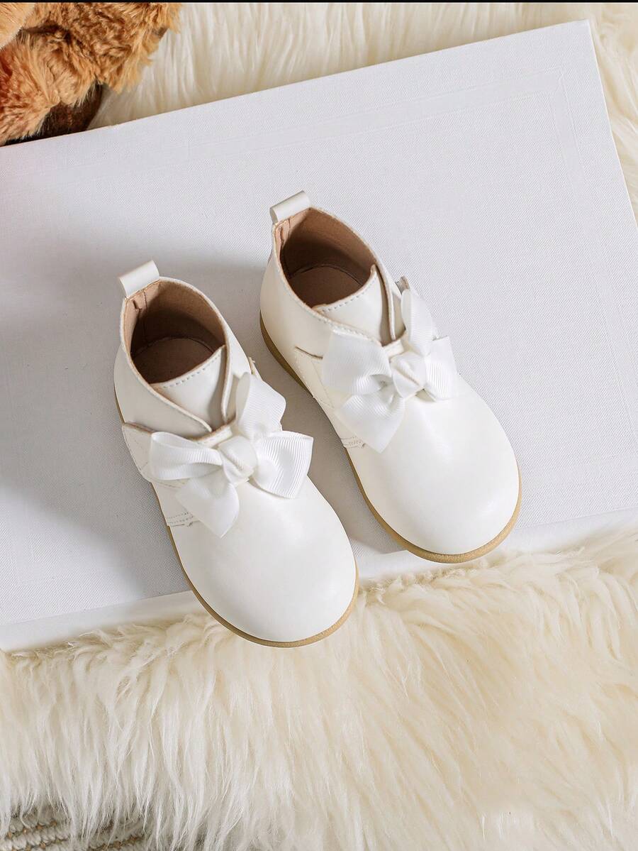 新品到貨女孩時尚公主短靴適用於秋天和冬天帶蝴蝶結,學生靴子英語風格,淺褐色 - 白色 - 查看 1