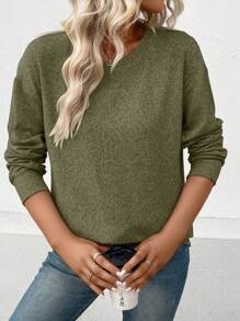 SHEIN LUNE 素色落肩T恤 - 軍綠色 - 查看 1