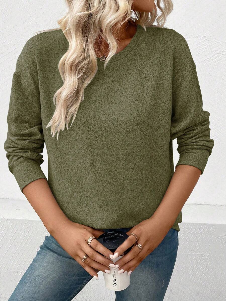 SHEIN LUNE 素色落肩T恤 - 軍綠色 - 查看 1