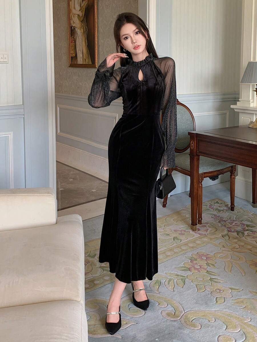 DAZY 撞色网纱荷叶袖美人鱼裙摆天鹅绒连衣裙，生日、新年、舞会礼服，秋季长袖连衣裙，优雅女士连衣裙