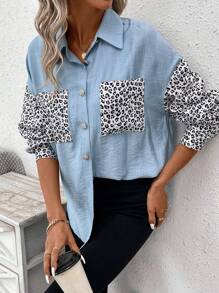 SHEIN LUNE 豹紋印花落肩袖口袋貼布襯衫 - 藍色 - 查看 4