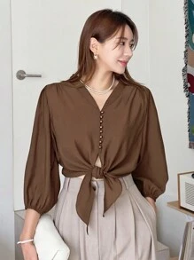 DAZY 素色前紐扣下擺打結短款襯衫