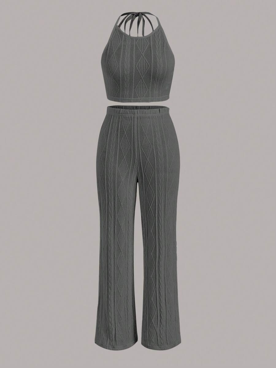 SHEIN EZwear 素色繞頸短上衣&闊腿褲 - 灰色 - 查看 1