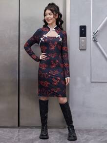 Teen Girls Chinese Dragon Print Frog Button Cut Out Front Fitted Dress - Multicolor - View 5