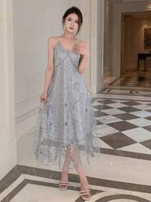 DAZY Contrast Sequin Mesh Overlay Cami Dress Prom Dress - Grey - View 1