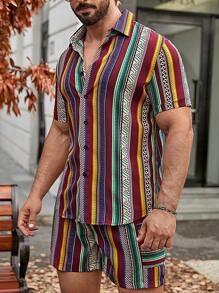 Manfinity RSRT Men Striped Print Shirt & Shorts - Multicolor - View 4