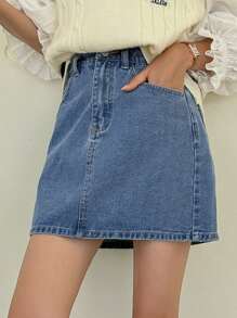 DAZY Slant Pocket Denim Skirt Jeans Skirt - Light Wash - View 1