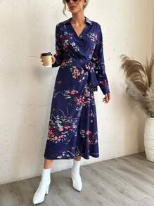 SHEIN LUNE Floral Print Knot Side Wrap Dress - Multicolor - View 4
