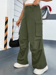Flirla Plus Flap Pocket Side Cargo Pants - Army Green - View 1