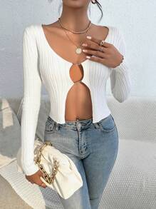 SHEIN Unity 鏈條鏈接條紋針織套頭毛衣 - 白色 - 查看 4