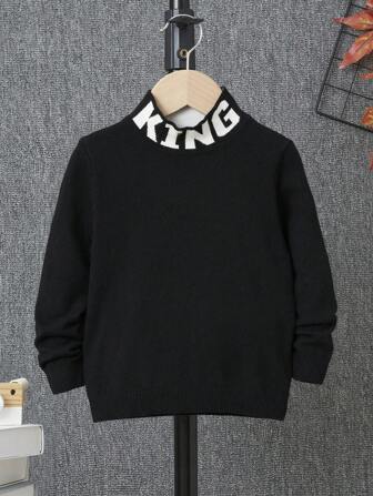 SHEIN Young Boy Letter Pattern Mock Neck Sweater Boys Black Sweaterblack Sweater Kidskids Boys Sweater