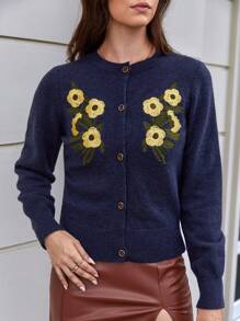 SHEIN Frenchy 花卉刺繡前紐扣套頭毛衣 - 藏蓝色 - 查看 1