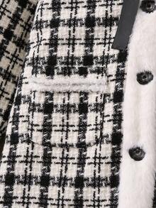 SHEIN Chica Joven Abrigo con patrón de cuadros con lazo delantero cuello marinero tweed - Blanco y Negro - Ver 4